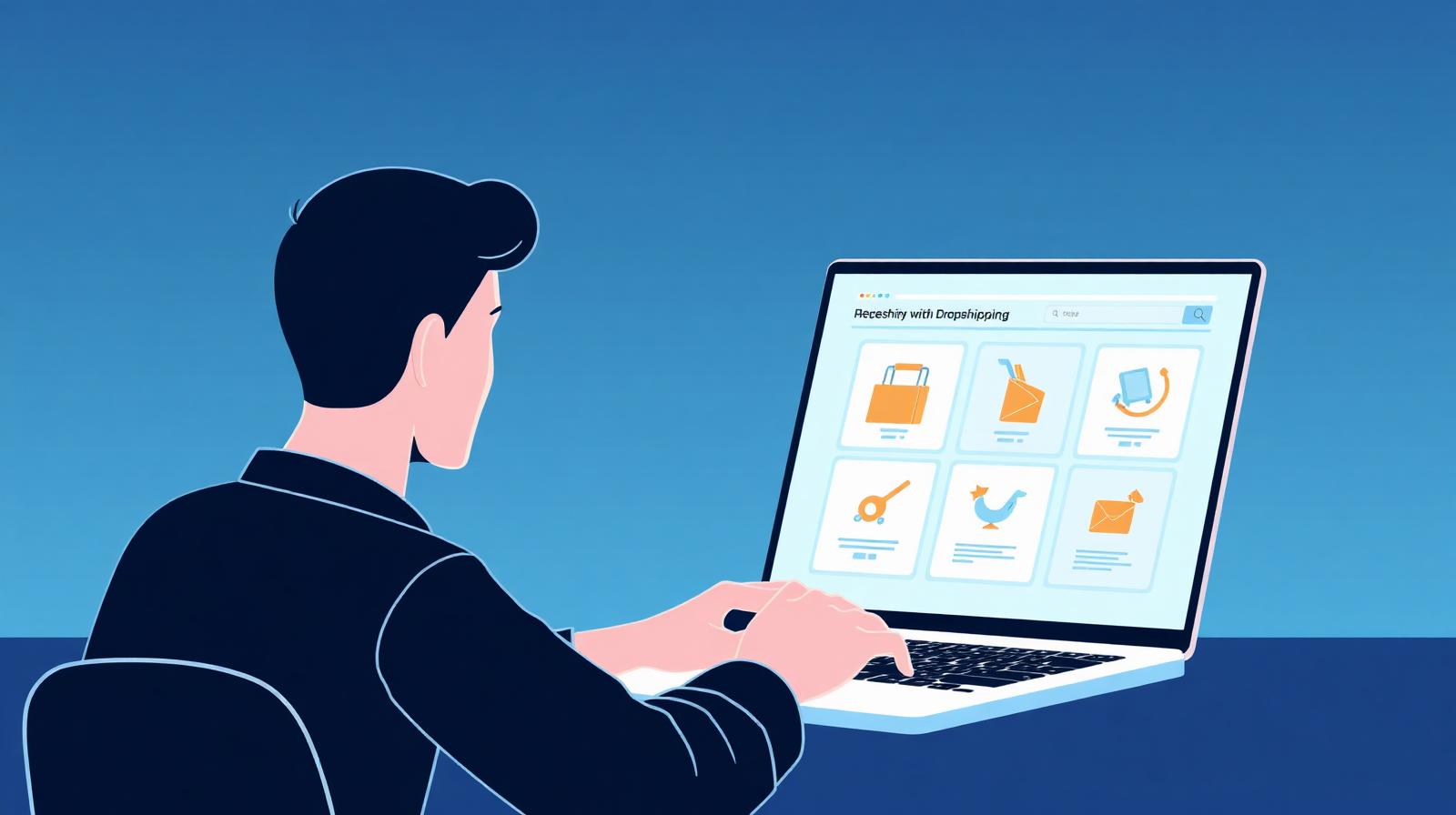 New operator setting up a Shopify dropshipping store on a laptop.